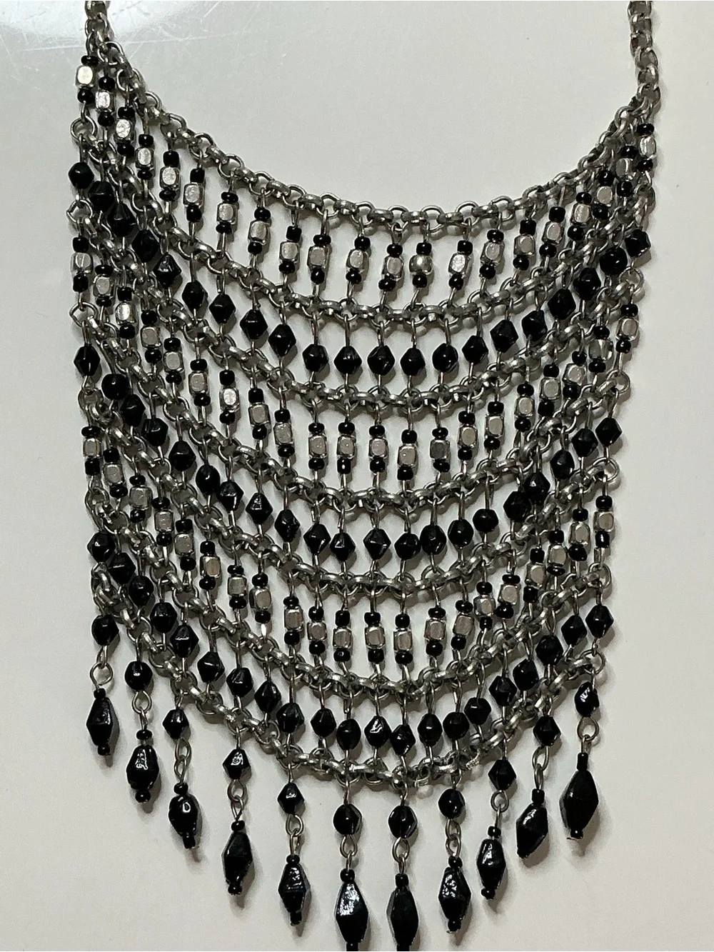 Elegant Black Beaded Chain Link Layered Fringe Statement Necklace Women Jewelry